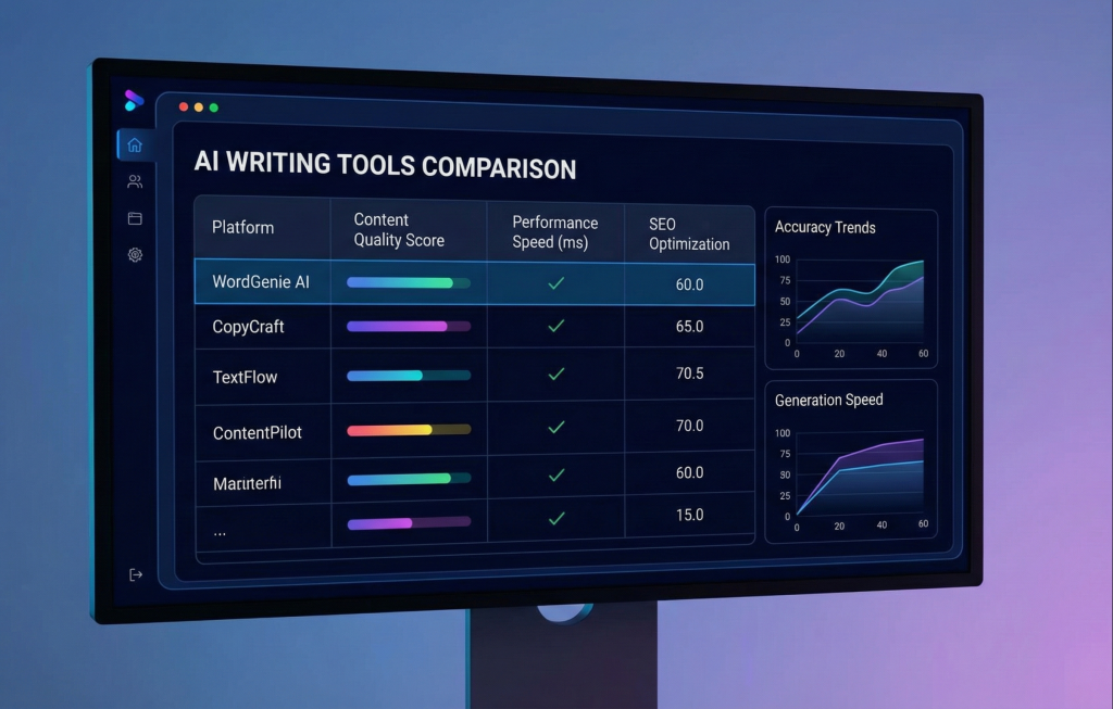 AI writing tools comparison dashboard showing multiple platforms analyzed for content quality and performance