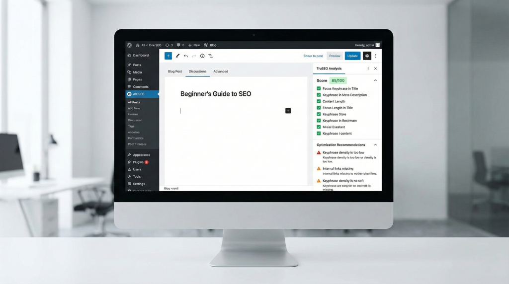 Best WordPress Plugins for SEO in 2026: Complete Guide 4 All in One SEO plugin interface displaying TruSEO analysis checklist and optimization recommendations