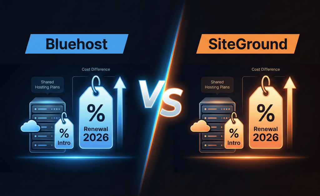 Bluehost vs SiteGround pricing comparison showing renewal cost differences for shared hosting plans in 2026