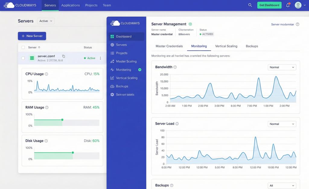 Cloudways control panel dashboard showing server management interface with resource monitoring options
