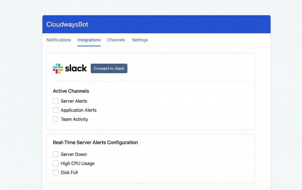 CloudwaysBot notification settings panel displaying Slack integration and real-time server alerts configuration