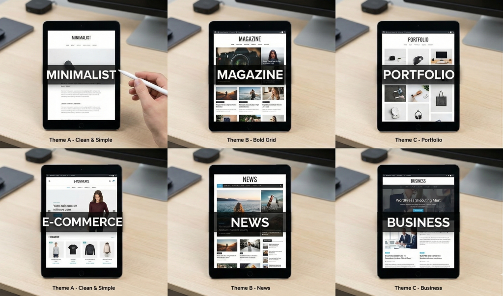 Comparison grid of WordPress blog themes showing layout variations and design styles