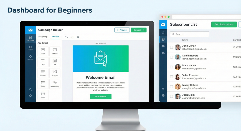 Email marketing software dashboard showing campaign builder and subscriber list interface for beginners