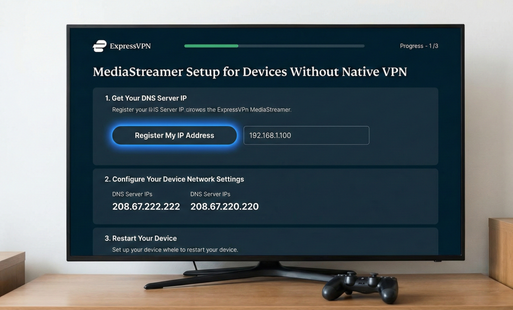 ExpressVPN MediaStreamer configuration screen for Smart TV and gaming console setup without native VPN apps