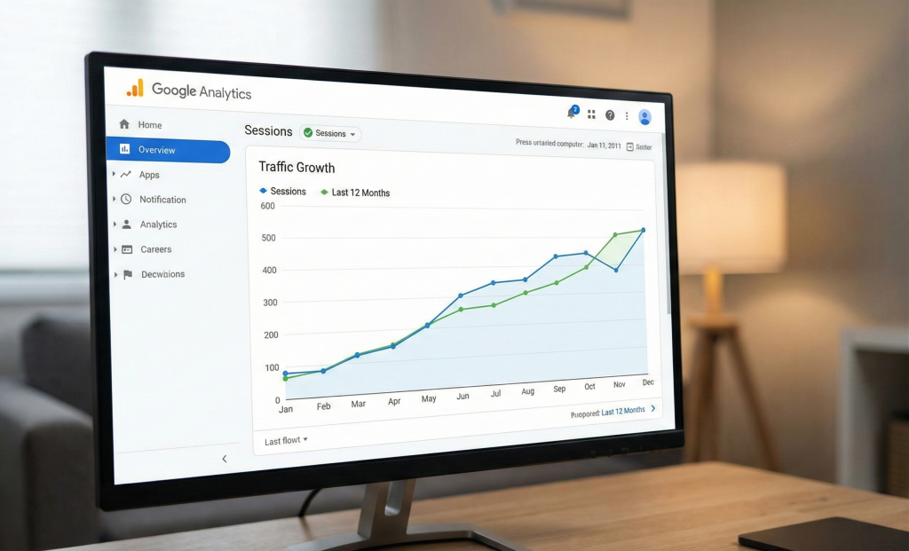 How to Start a WordPress Blog in 2026: Complete Beginner Setup Guide 6 Google Analytics traffic growth graph over 12-month period