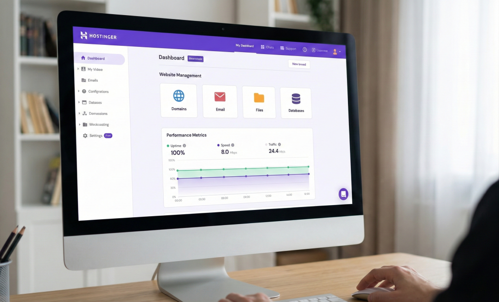 Best Web Hosting Small Business 2026: Performance & Cost Analysis 2 Hostinger dashboard interface showing website management tools and performance metrics