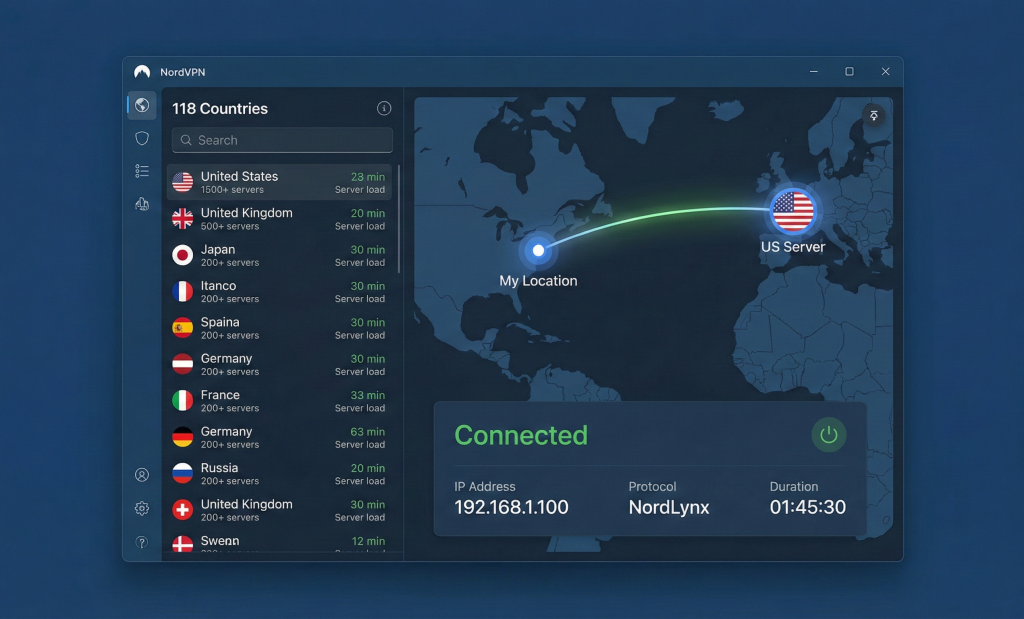 NordVPN application interface showing server selection menu with 118 countries and connection status dashboard