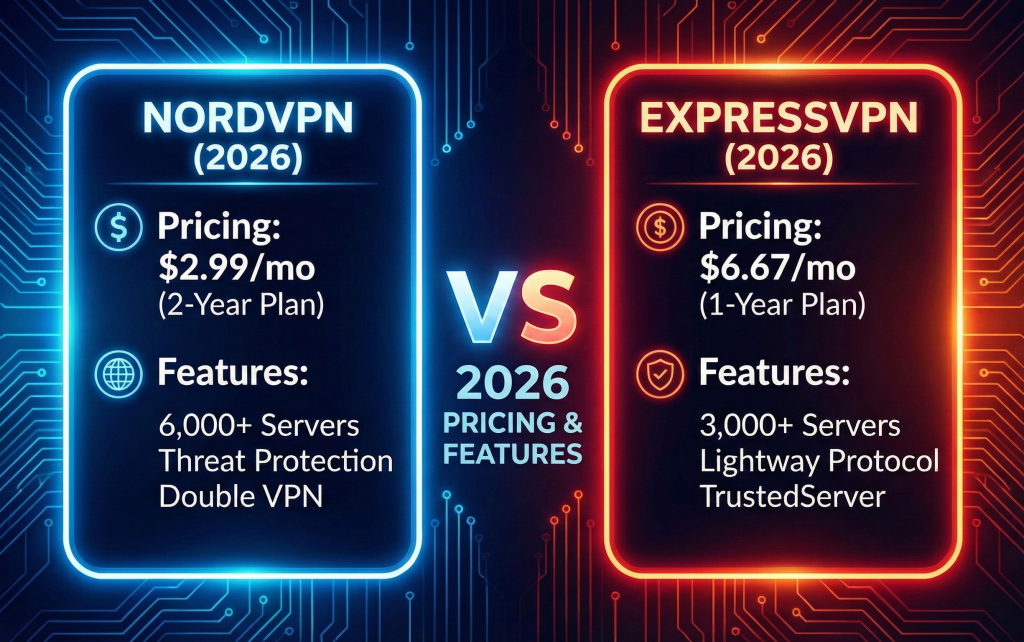 NordVPN vs ExpressVPN 2026 comparison showing pricing and features side by side