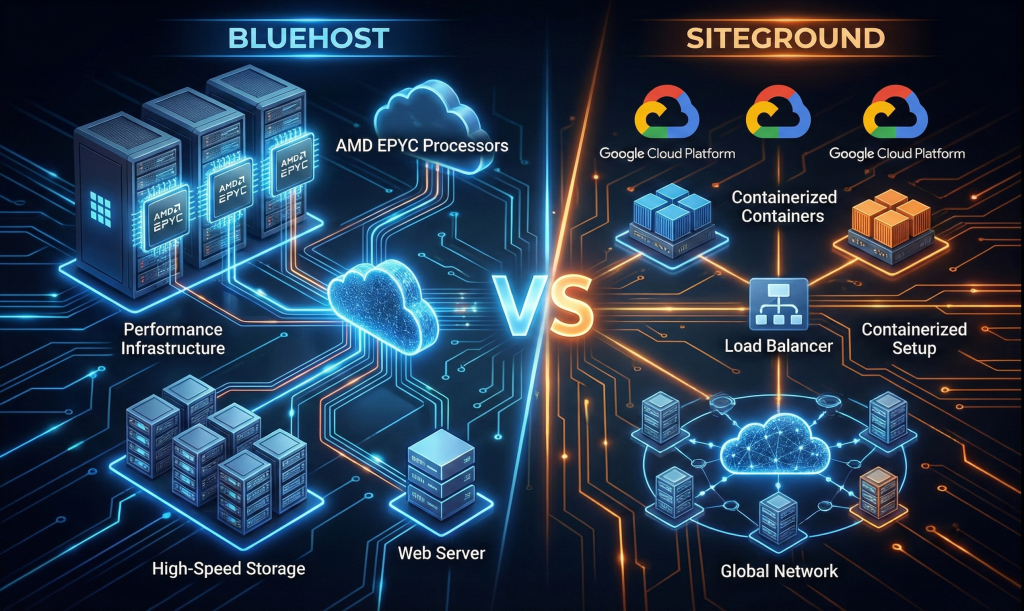 Server architecture diagram comparing Bluehost AMD EPYC infrastructure with SiteGround Google Cloud Platform setup
