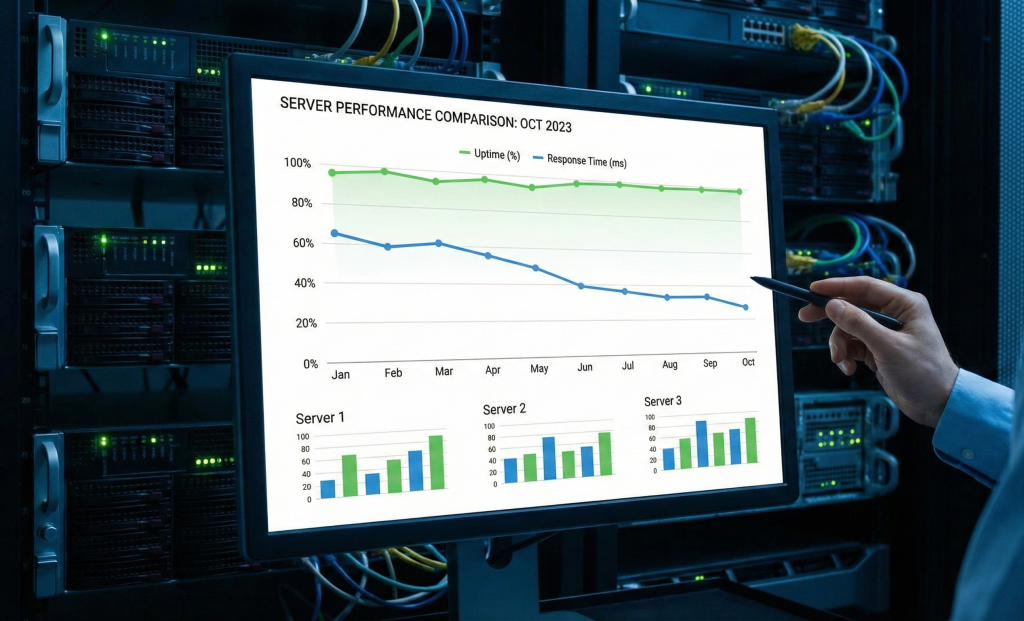 Best Web Hosting Small Business 2026: Performance & Cost Analysis 4 Server performance comparison graph displaying uptime and response time data