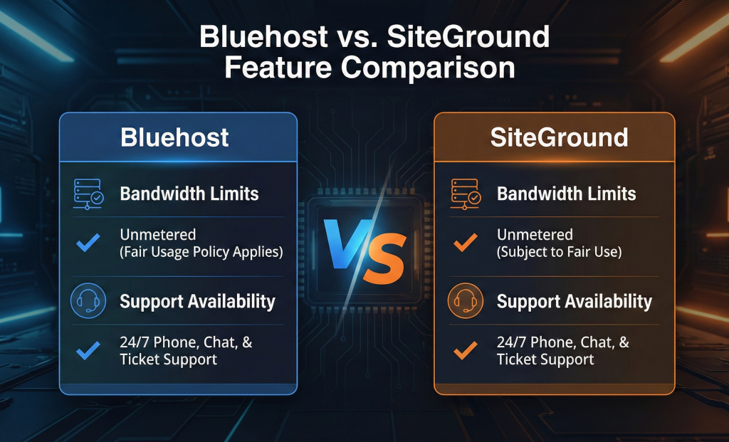 Side-by-side feature comparison table highlighting bandwidth limits and support availability for Bluehost and SiteGround