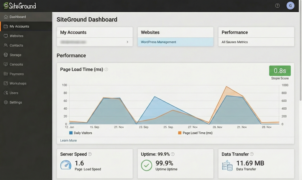 Best Managed WordPress Hosting in 2026: Expert Comparison 2 SiteGround dashboard showing WordPress hosting management interface and performance metrics