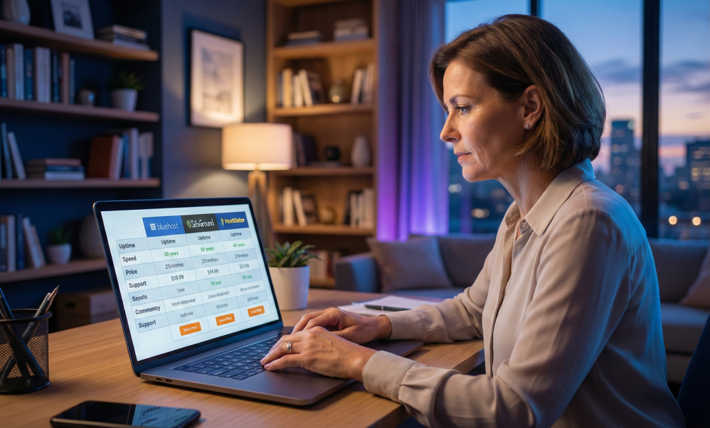 Small business owner reviewing web hosting comparison chart on laptop screen
