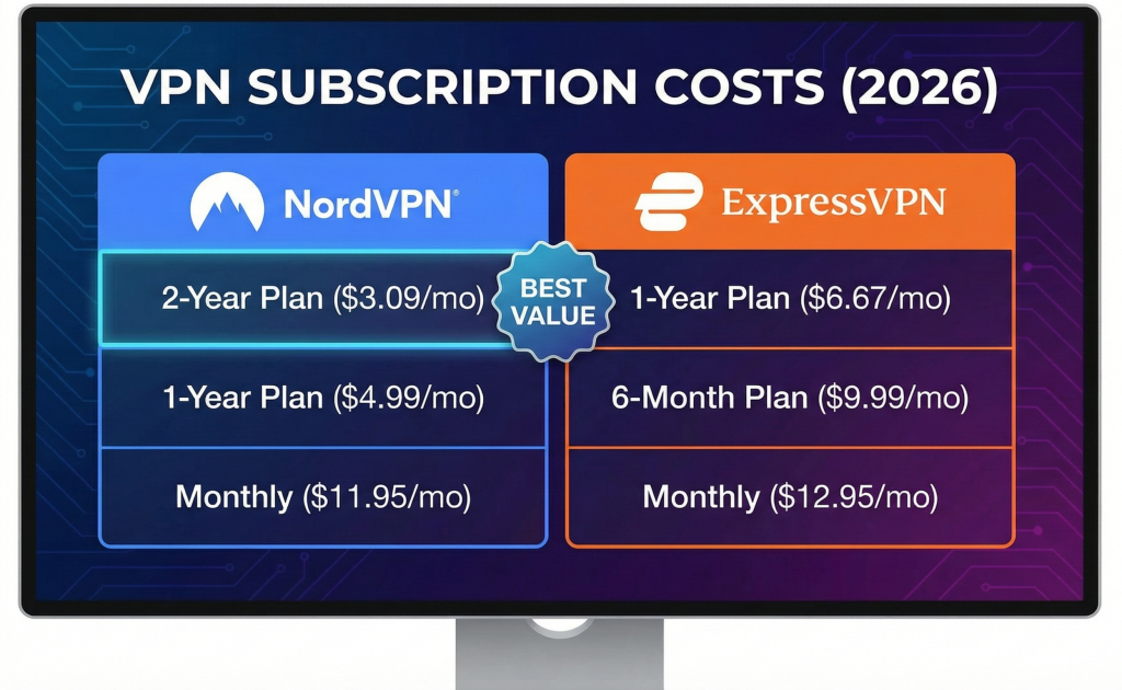 VPN pricing comparison chart displaying NordVPN and ExpressVPN subscription costs