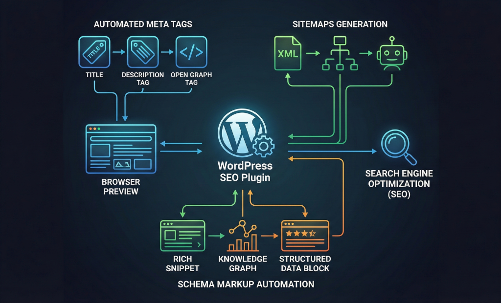 Best WordPress Plugins for SEO in 2026: Complete Guide 2 WordPress SEO plugin functions diagram illustrating meta tags, sitemaps, and schema markup automation