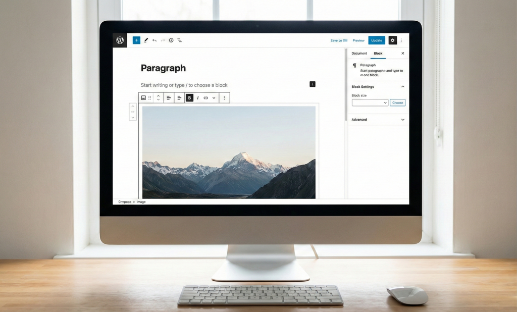 How to Start a WordPress Blog in 2026: Complete Beginner Setup Guide 4 WordPress block editor interface with paragraph and image blocks