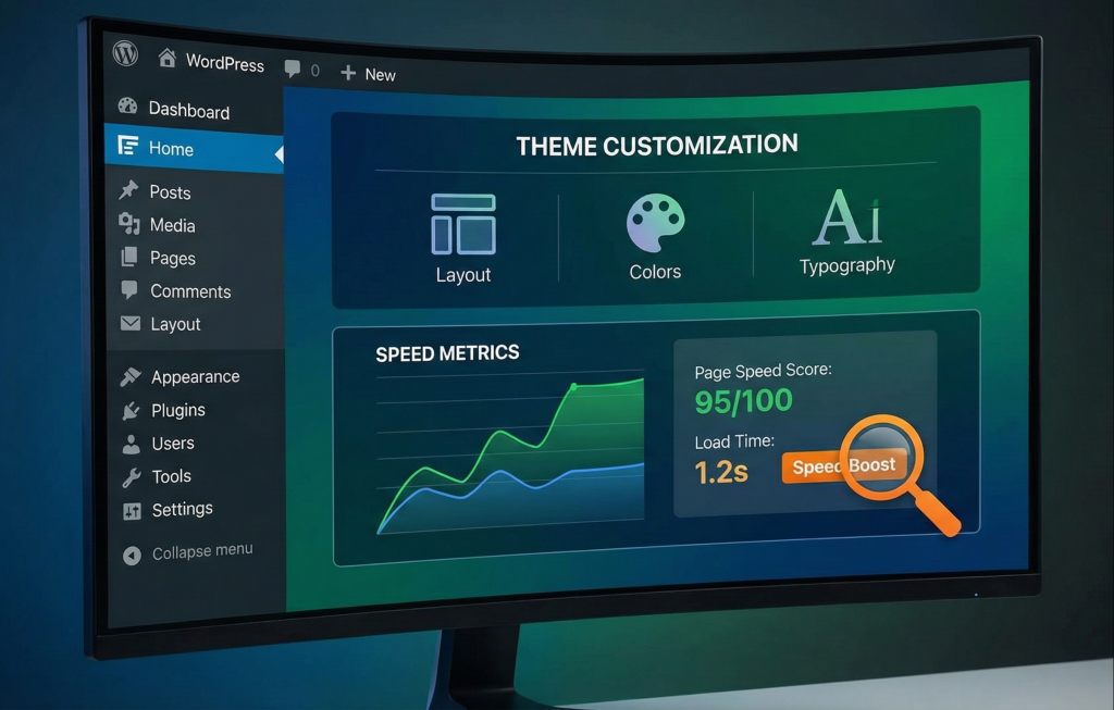 WordPress dashboard showing theme customization options with speed metrics displayed