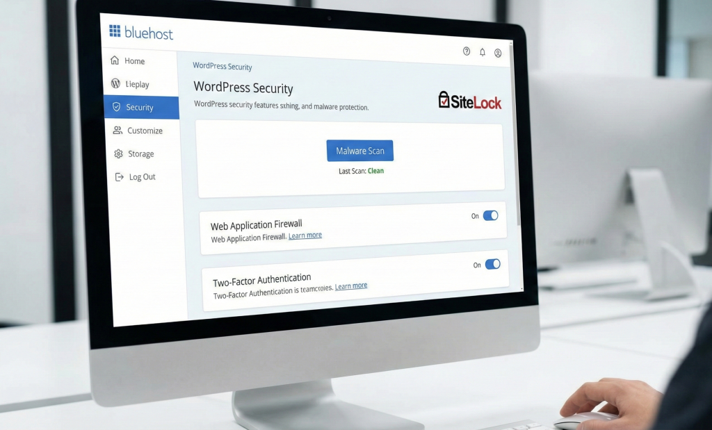 WordPress security features and malware protection interface in Bluehost control panel
