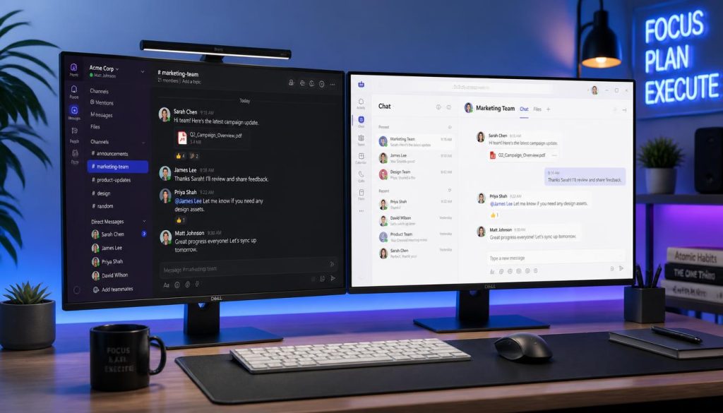 Comparison interface of Slack channels alongside Microsoft Teams chat workspace