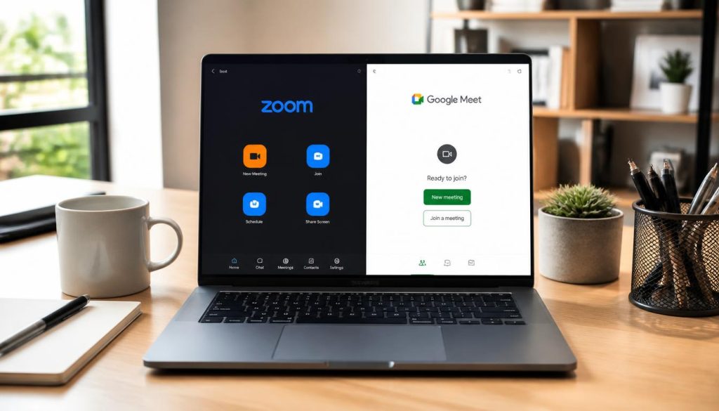 Comparison interface of Zoom and Google Meet video conferencing software on a laptop screen