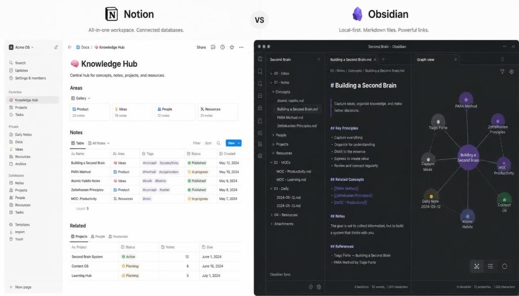Comparison interface showing Notion workspace databases alongside Obsidian markdown node graphs