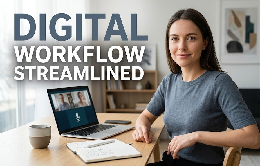 Minimalist remote work desk with video conference software displayed on laptop screen