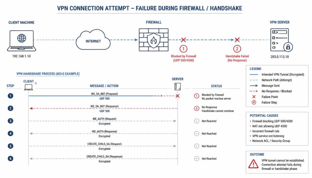 VPN Not Connecting: The Complete Troubleshooting Guide 1 Network topology diagram detailing a failed VPN handshake step by step