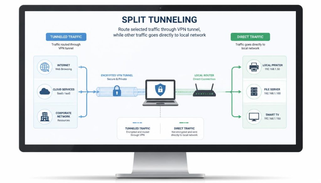Diagram showing network traffic split between encrypted VPN tunnel and local Wi Fi router on a desktop monitor