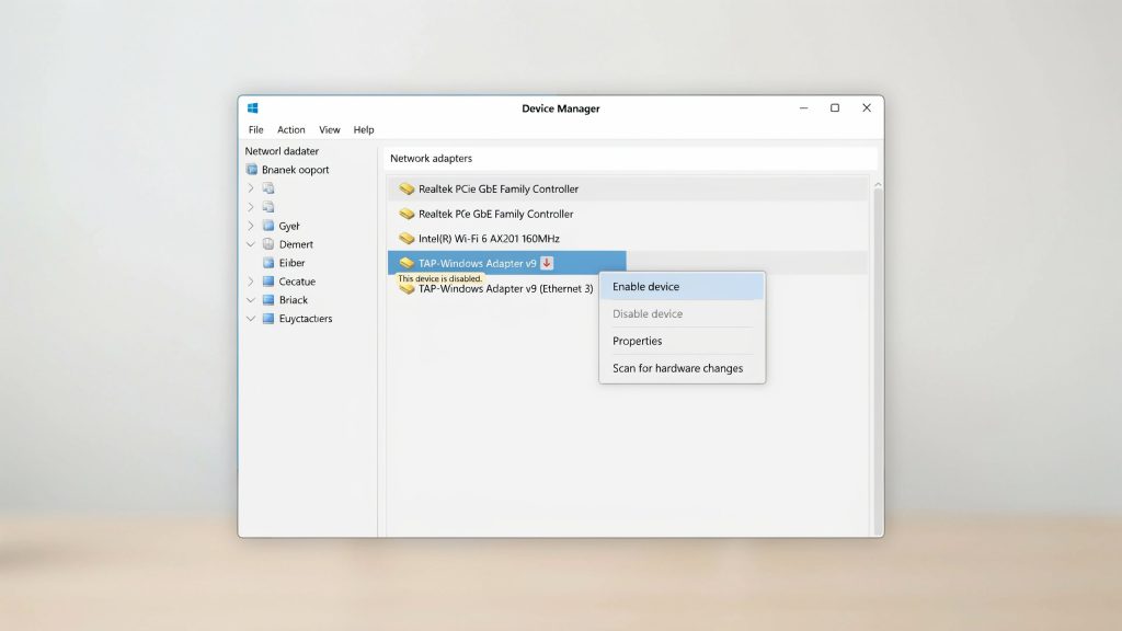 Windows Device Manager screen displaying network adapters and TAP driver options